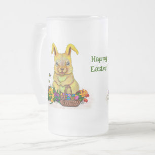 Cute Easter Rabbit with Eggs and Flowers Frosted Glass Beer Mug