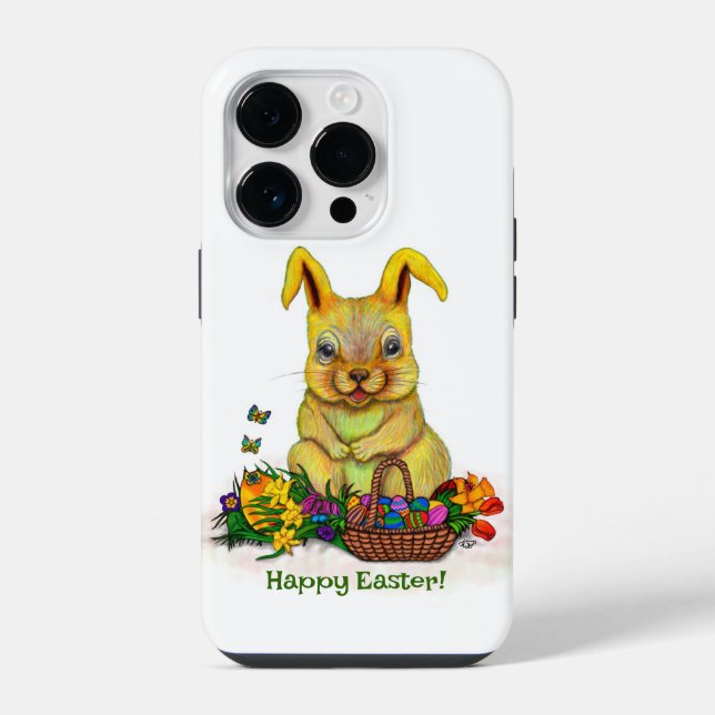 Cute Easter Rabbit with Eggs and Flowers iPhone Case (Back)