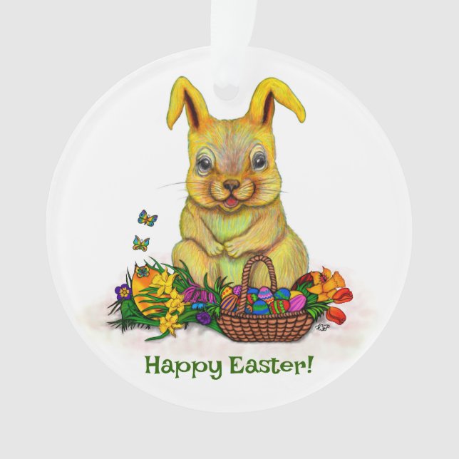 Cute Easter Rabbit with Eggs and Flowers Ornament (Front)