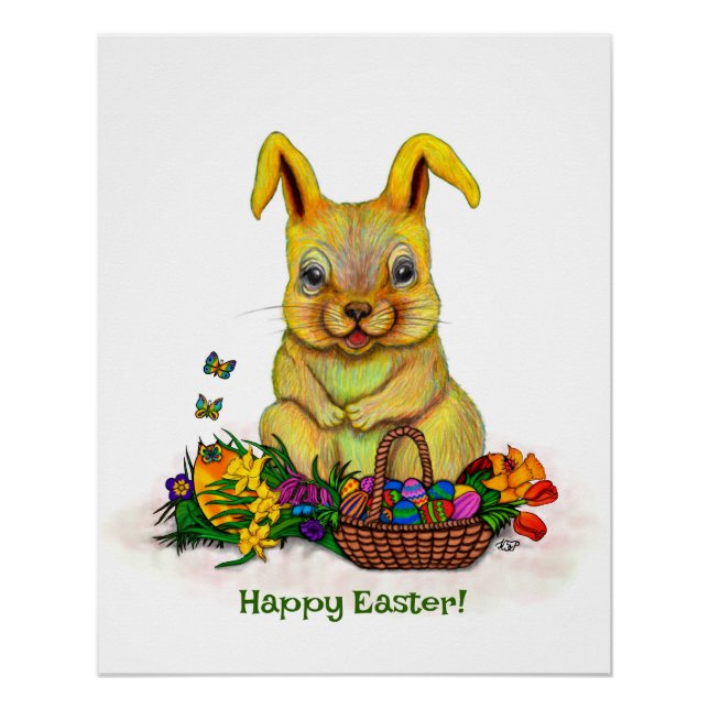Cute Easter Rabbit with Eggs and Flowers Poster (Front)
