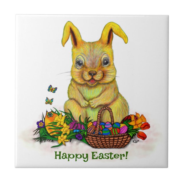 Cute Easter Rabbit with Eggs and Flowers Tile (Front)