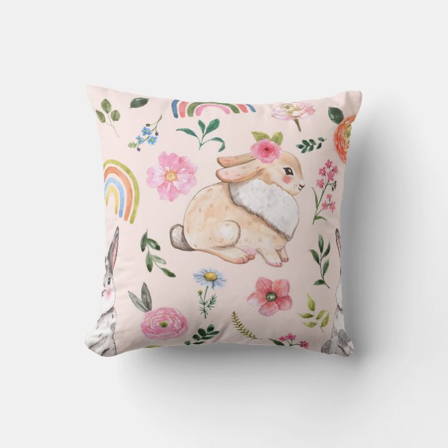 Cute Easter Rabbits Floral Pattern Cushion (Front)