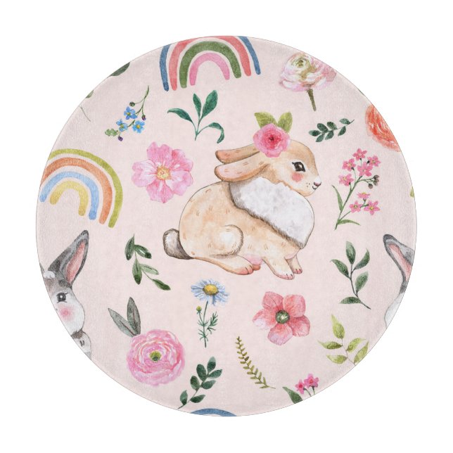 Cute Easter Rabbits Floral Pattern Cutting Board (Front)