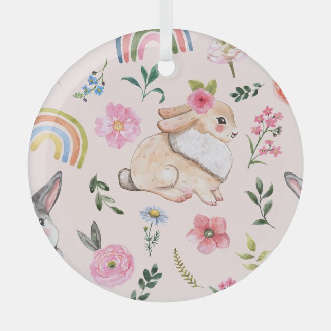 Cute Easter Rabbits Floral Pattern Glass Tree Decoration (Front)