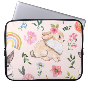 Cute Easter Rabbits Floral Pattern Laptop Sleeve