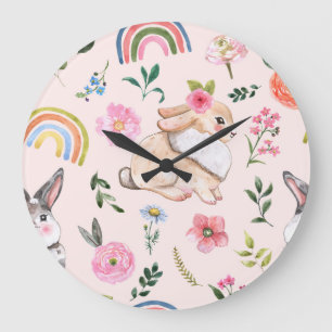 Cute Easter Rabbits Floral Pattern Large Clock
