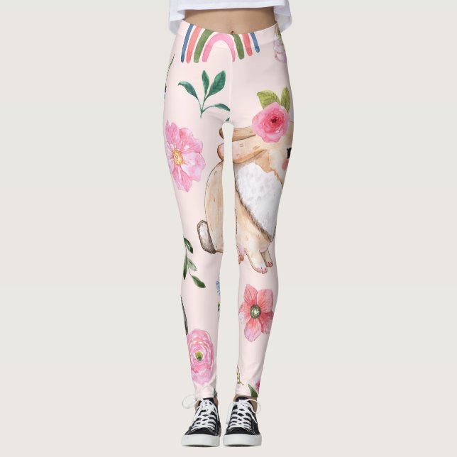 Cute Easter Rabbits Floral Pattern Leggings (Front)