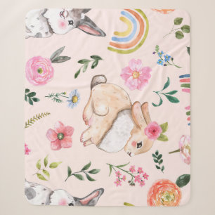 Cute Easter Rabbits Floral Pattern Sherpa Blanket