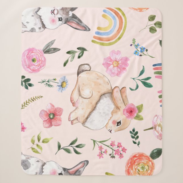 Cute Easter Rabbits Floral Pattern Sherpa Blanket (Front)