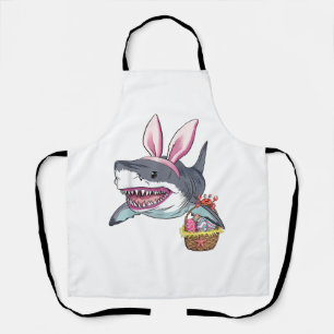 Cute Easter Shark Bunny Ears Basket Eggs Happy Eas Apron