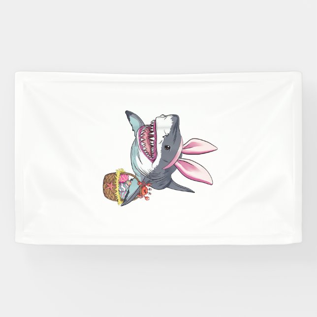 Cute Easter Shark Bunny Ears Basket Eggs Happy Eas Banner (Horizontal)