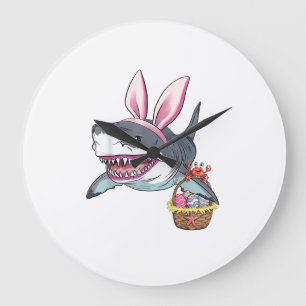 Cute Easter Shark Bunny Ears Basket Eggs Happy Eas Large Clock