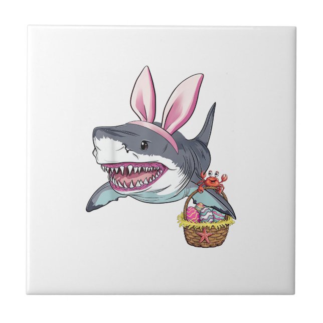Cute Easter Shark Bunny Ears Basket Eggs Happy Eas Tile (Front)