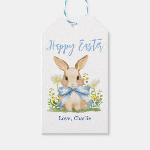 Cute Easter Watercolor Bunny Gingham Blue Bow Gift Tags