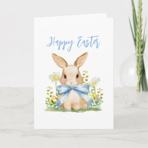 Cute Easter Watercolor Bunny Gingham Blue Bow Holiday Card