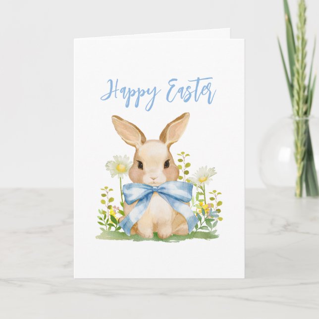 Cute Easter Watercolor Bunny Gingham Blue Bow Holiday Card (Front)