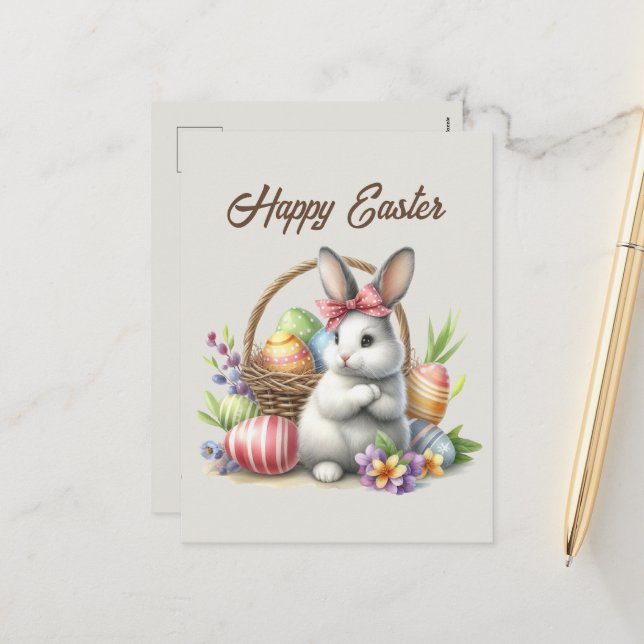 Cute Easter watercolor Easter bunny add message Holiday Postcard (Front/Back In Situ)