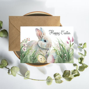 Cute Easter Wishes: Watercolor Bunny and Eggs Postcard