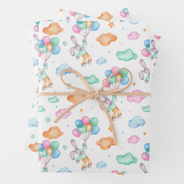 Cute Easterbunnies and Balloons Wrapping Paper Sheet (In situ)