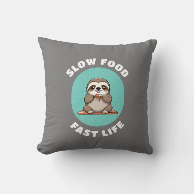 Cute eating Kawaii Sloth Grey Cushion (Front)