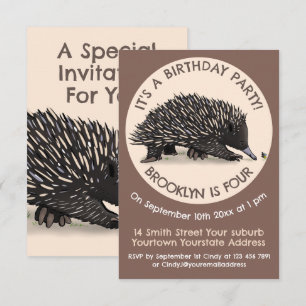 Cute echidna and bee cartoon birthday invitation