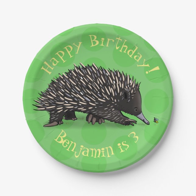 Cute echidna and bee cartoon personalised birthday paper plate (Front)