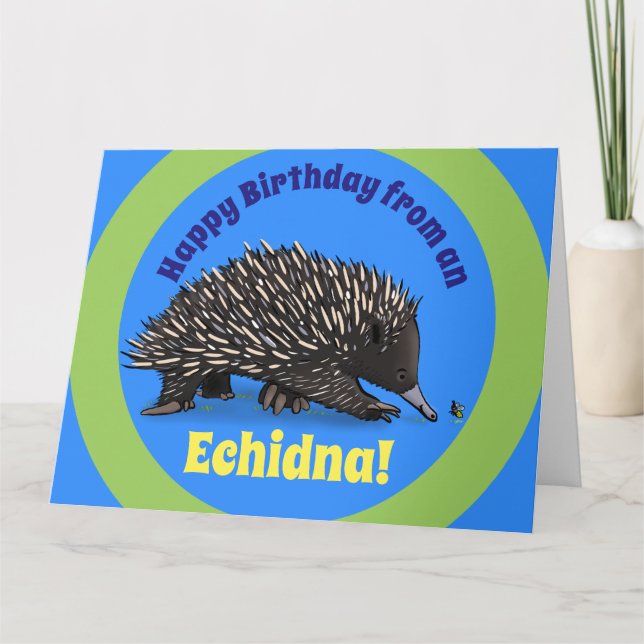 Cute echidna with bee cartoon birthday card (Front)