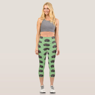 Cute echidna with bee cartoon illustration capri leggings