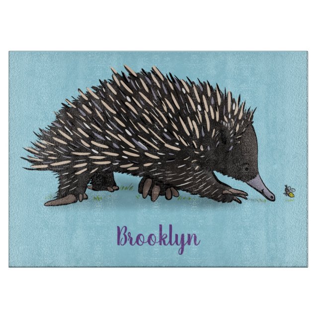 Cute echidna with bee cartoon illustration cutting board (Front)