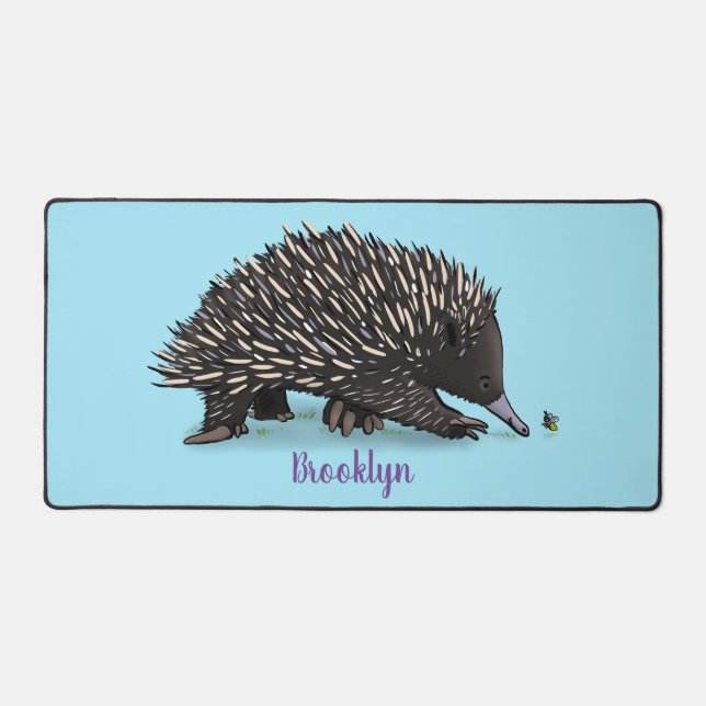 Cute echidna with bee cartoon illustration desk mat (Front)