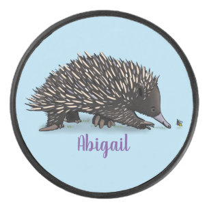 Cute echidna with bee cartoon illustration hockey puck