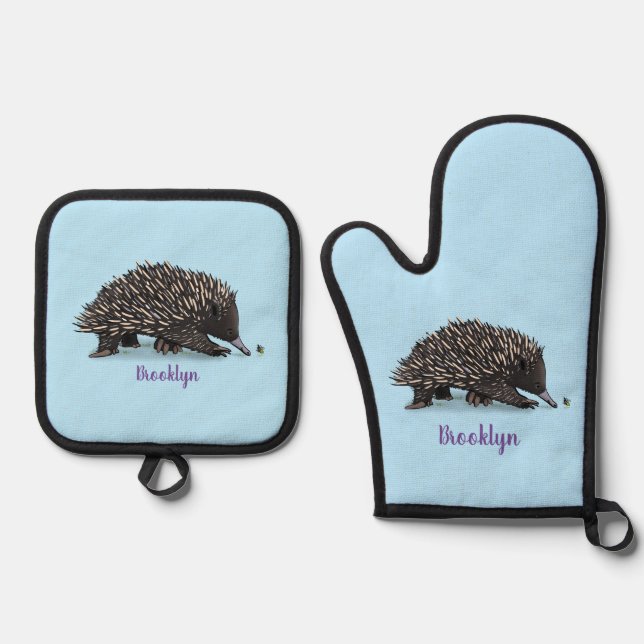 Cute echidna with bee cartoon illustration oven mitt & pot holder set (Front)