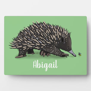 Cute echidna with bee cartoon illustration plaque