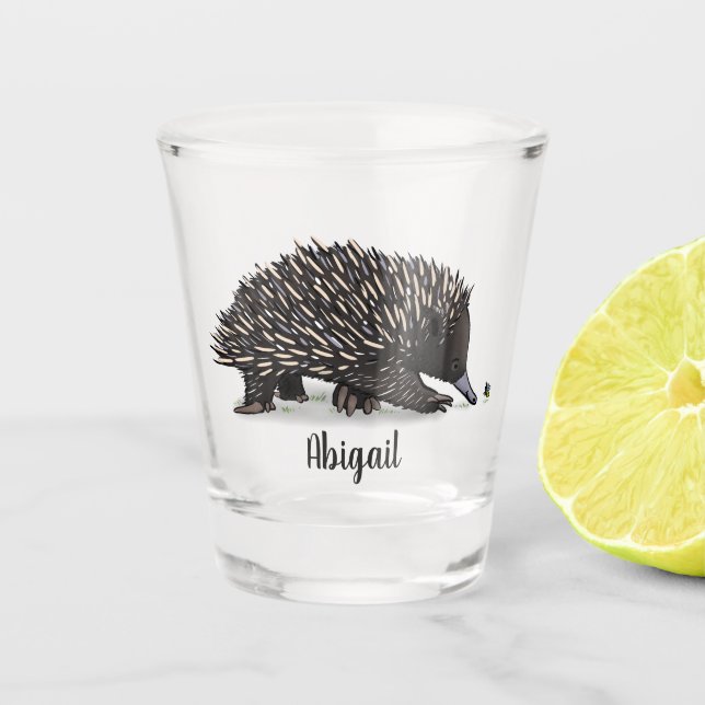 Cute echidna with bee cartoon illustration shot glass (Front)