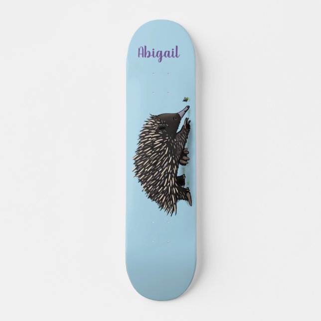 Cute echidna with bee cartoon illustration skateboard (Front)