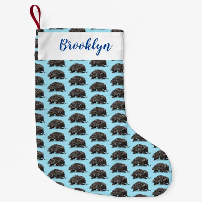 Cute echidna with bee cartoon illustration small christmas stocking (Front)