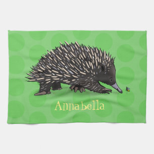 Cute echidna with bee cartoon illustration tea towel