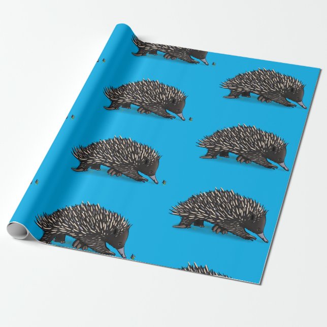 Cute echidna with bee whimsical illustration wrapping paper (Unrolled)