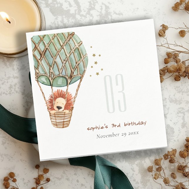 Cute Eco Green Hot Air Balloon Lion Kids Birthday Napkin (Creator Uploaded)