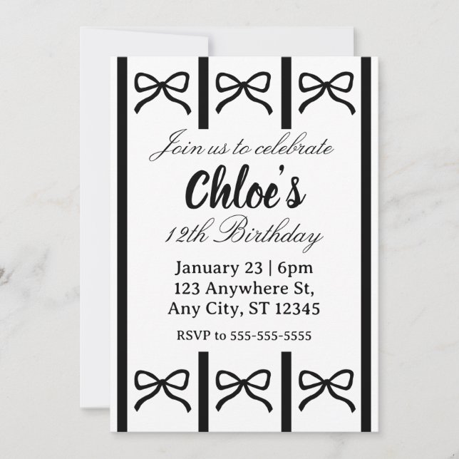 Cute editable bow birthday invite (Front)