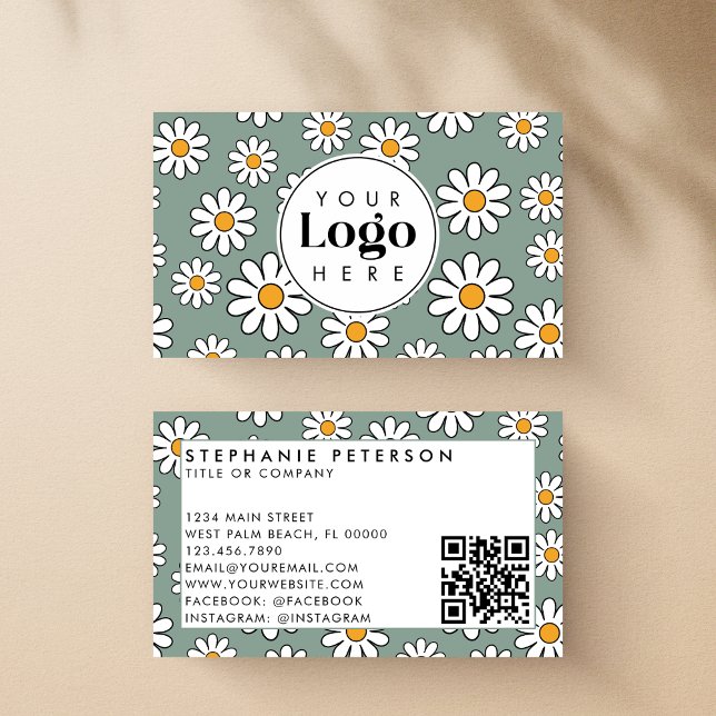 Cute Editable Daisy Floral Custom Logo QR Code Business Card (Creator Uploaded)
