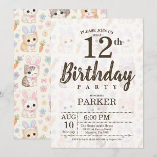 Cute Editable Kids Bunny & Kitten Birthday Party Invitation