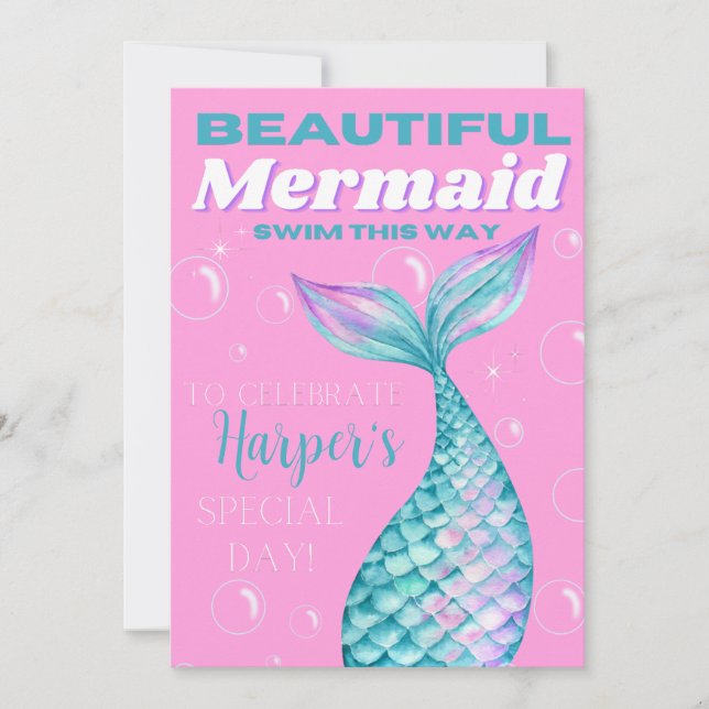 Cute Editable Under the Sea Mermaid Girl Digital Invitation (Front)