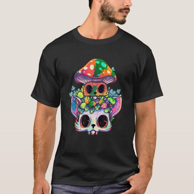 Cute EDM Party Trippy Cat Psychedelic Mushroom T-Shirt (Front)