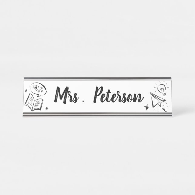 Cute Education Doodle Personalised Teacher Desk Name Plate (Front)