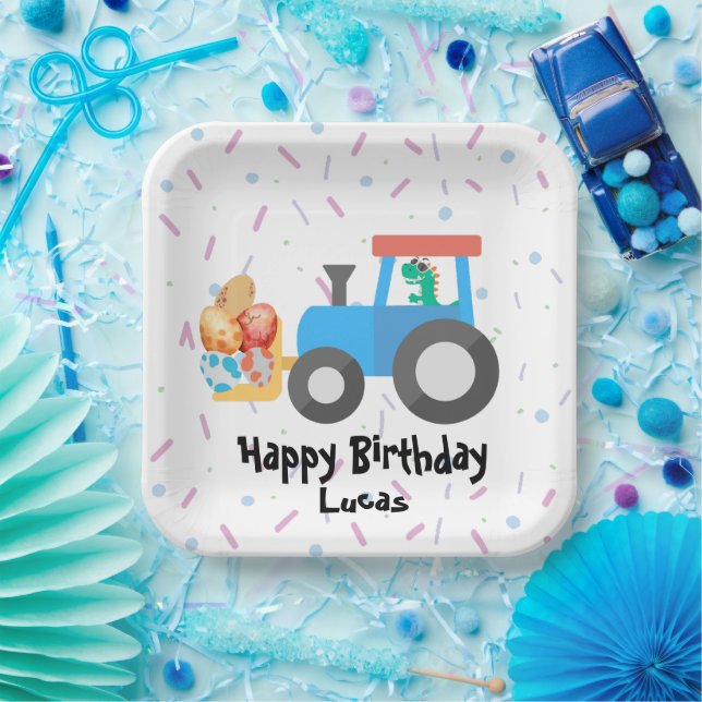 Cute egg dinosaur Construction Truck Birthday boy  Paper Plate (Party)