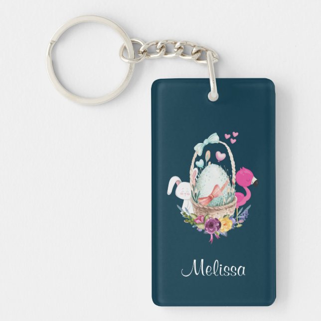 Cute Egg, Flamingo & Bunny Watercolor Key Ring (Front)