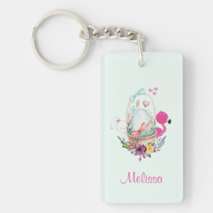 Cute Egg in a Basket with Flamingo and Bunny Key Ring