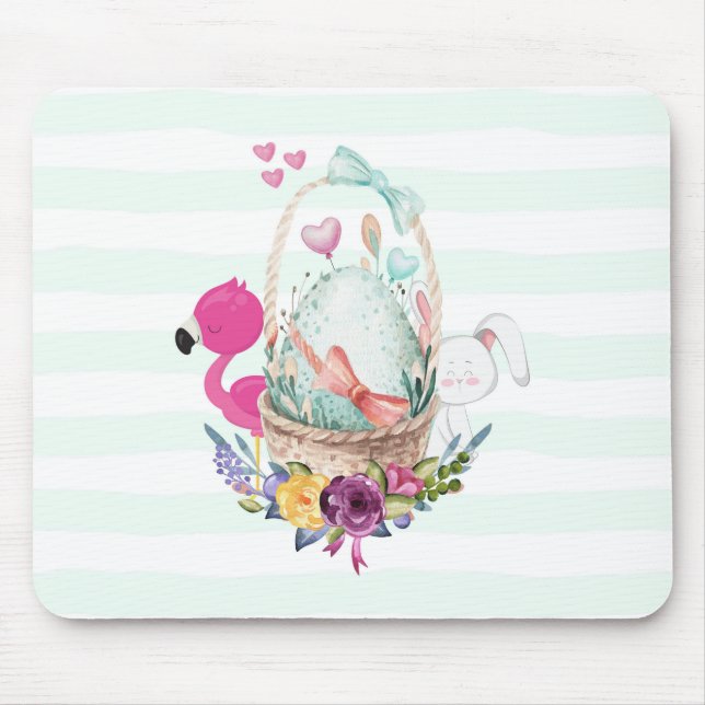 Cute Egg in a Basket with Flamingo and Bunny Mouse Mat (Front)