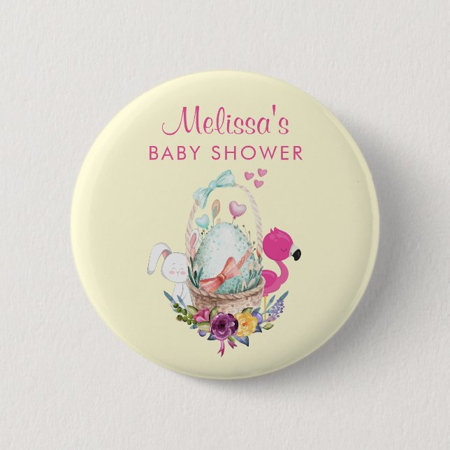 Cute Egg, Pink Flamingo & Bunny, Watercolor 6 Cm Round Badge (Front)